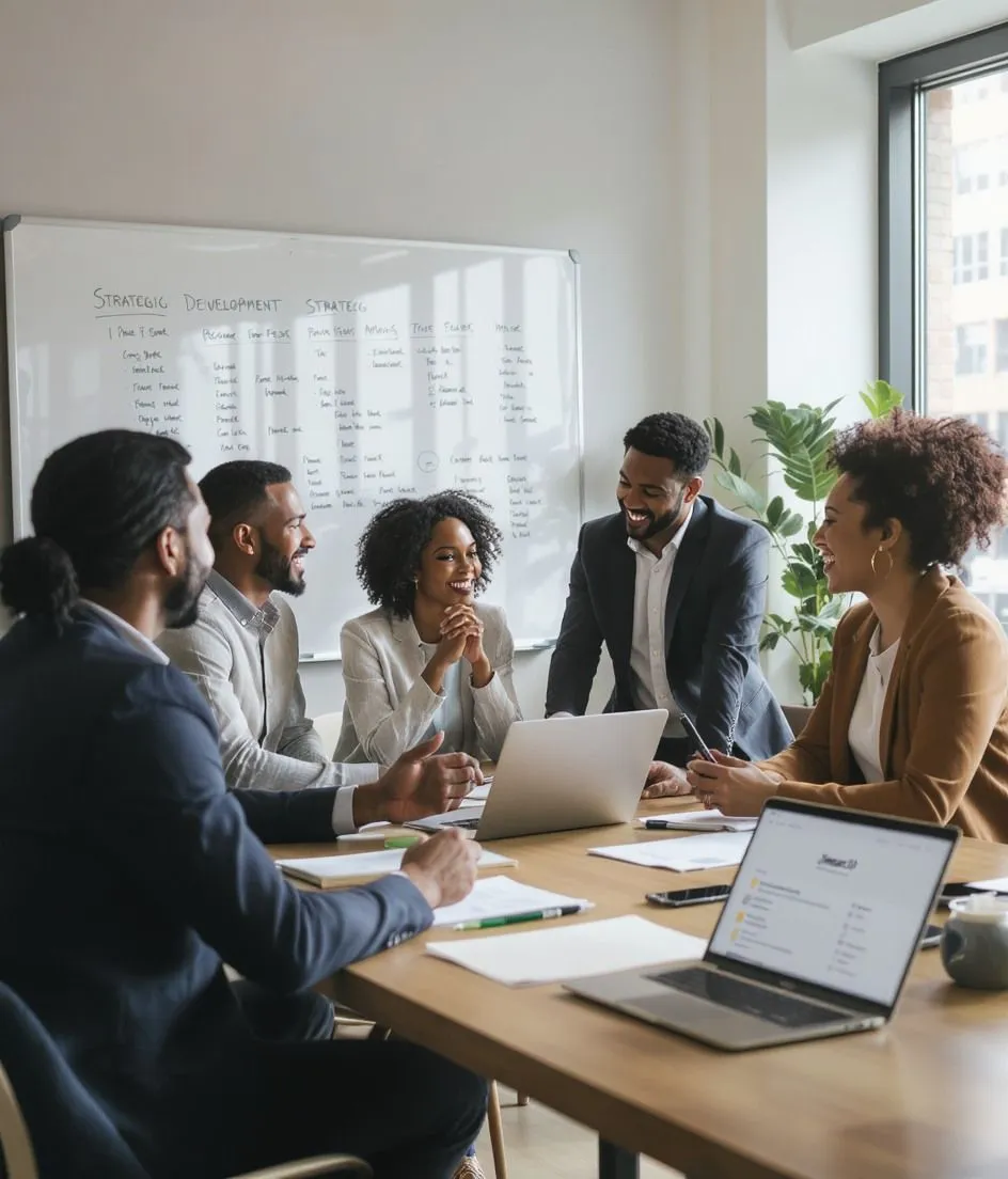 Zespół pracujący nad planem biznesowym i strategią treści
